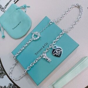 Tiffany & Co. Silver Heart Tag Toggle Necklace - Light Blue Accents